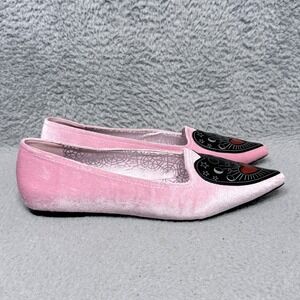 Strange Cvlt Spirit Heart Flat Womens Size 10 Slip On Shoes‎ Pink Velvet Pointy